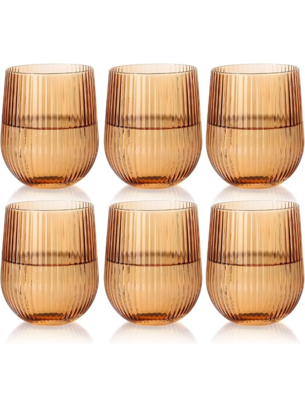 Brown Ribbed Glass Drinking Glasses Set of 6, Origami Ripple Brown Stemless Wine